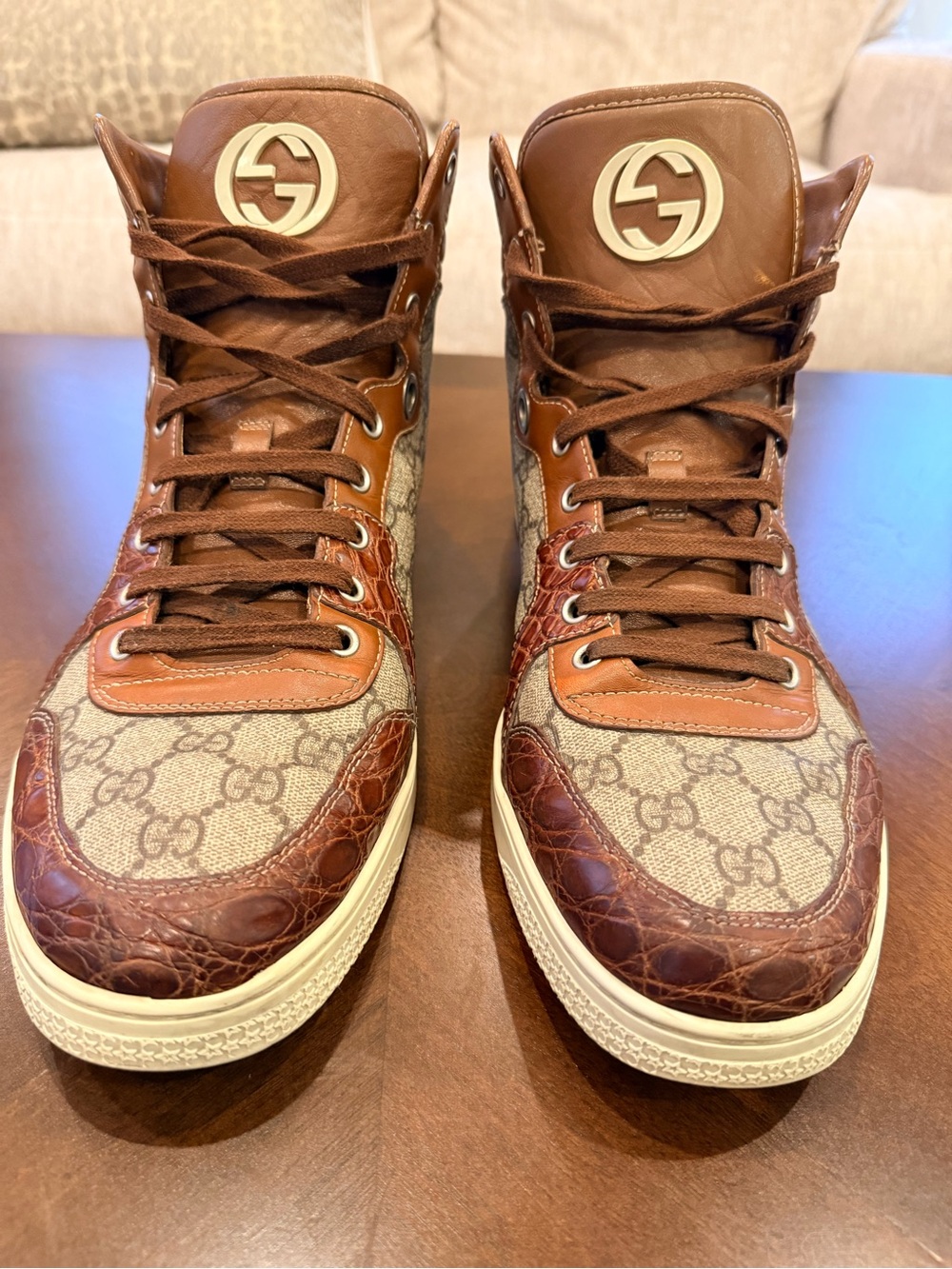 Gucci Brown & Beige High-Top Crocodile Trim GG Monogram Sneakers